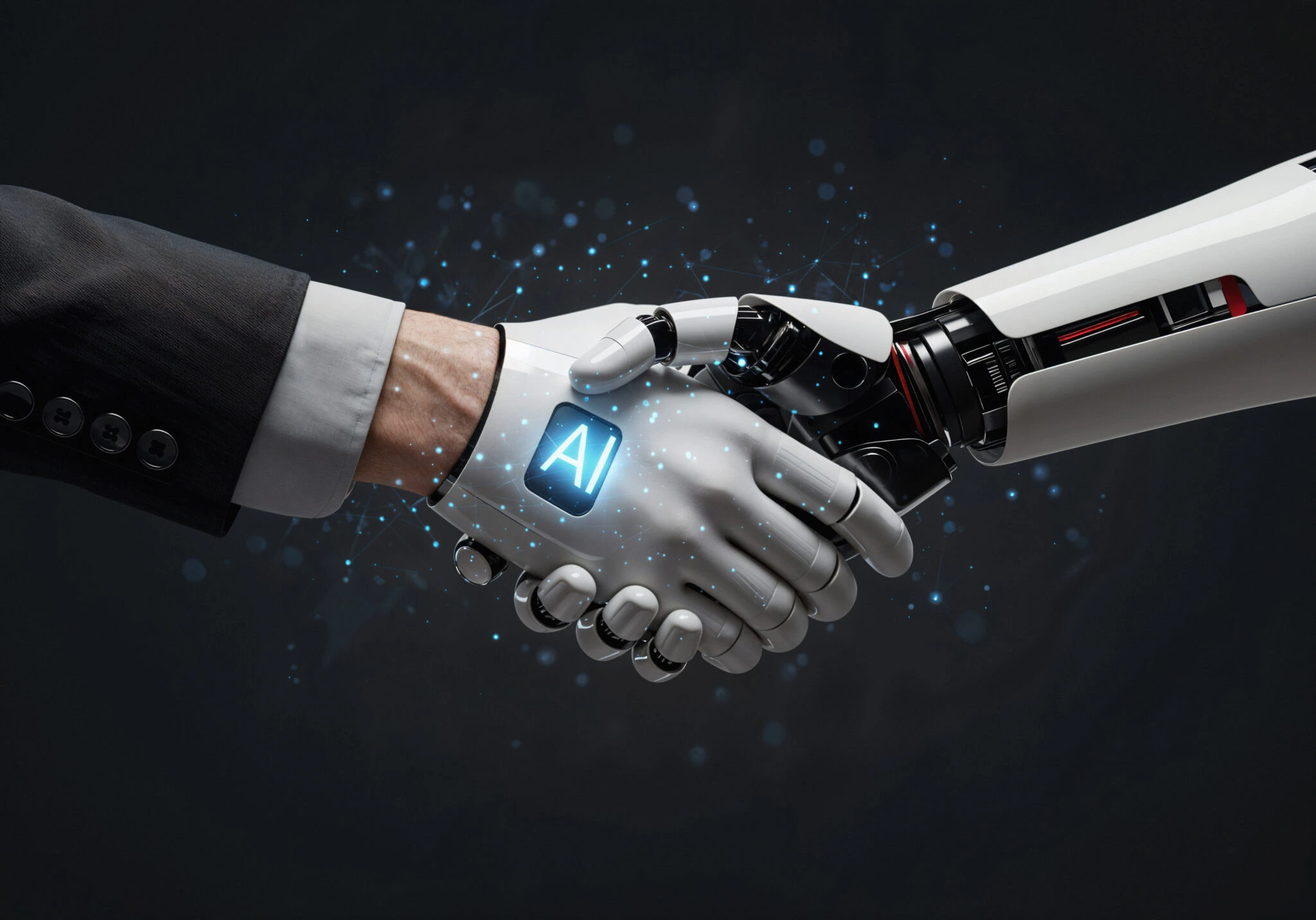 Human hand shaking AI robots hand