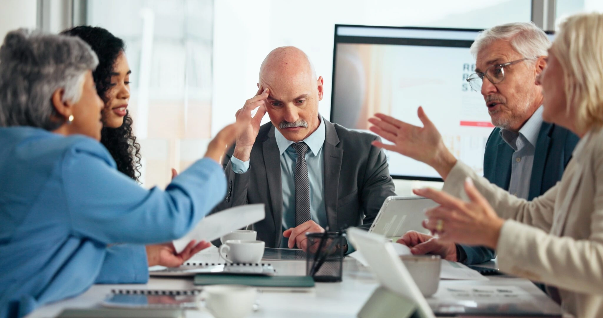 man in a meeting pressing his hands to his head in stress